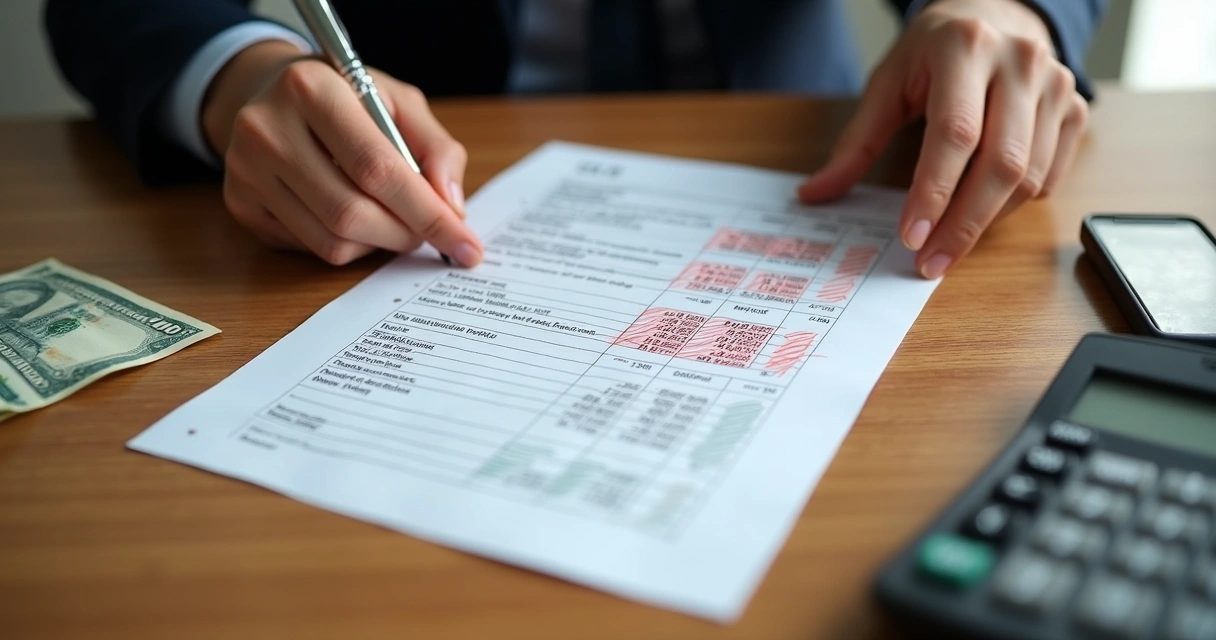 Pessoa analisando contrato de financiamento com marcações em vermelho nos custos 