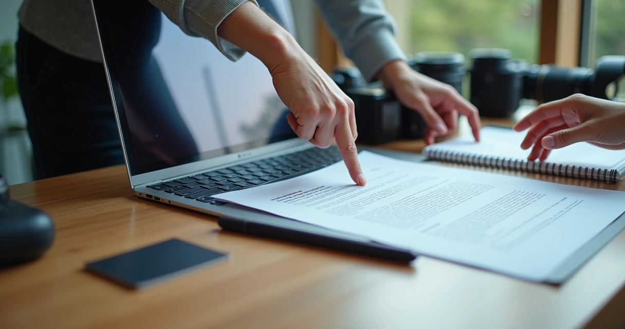 Contrato digital em tela de notebook durante reunião de fotografia