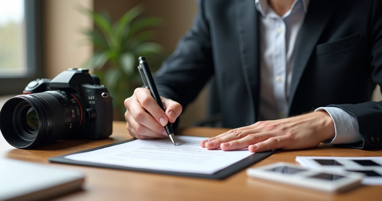 Fotógrafo assinando contrato em mesa com câmera ao lado
