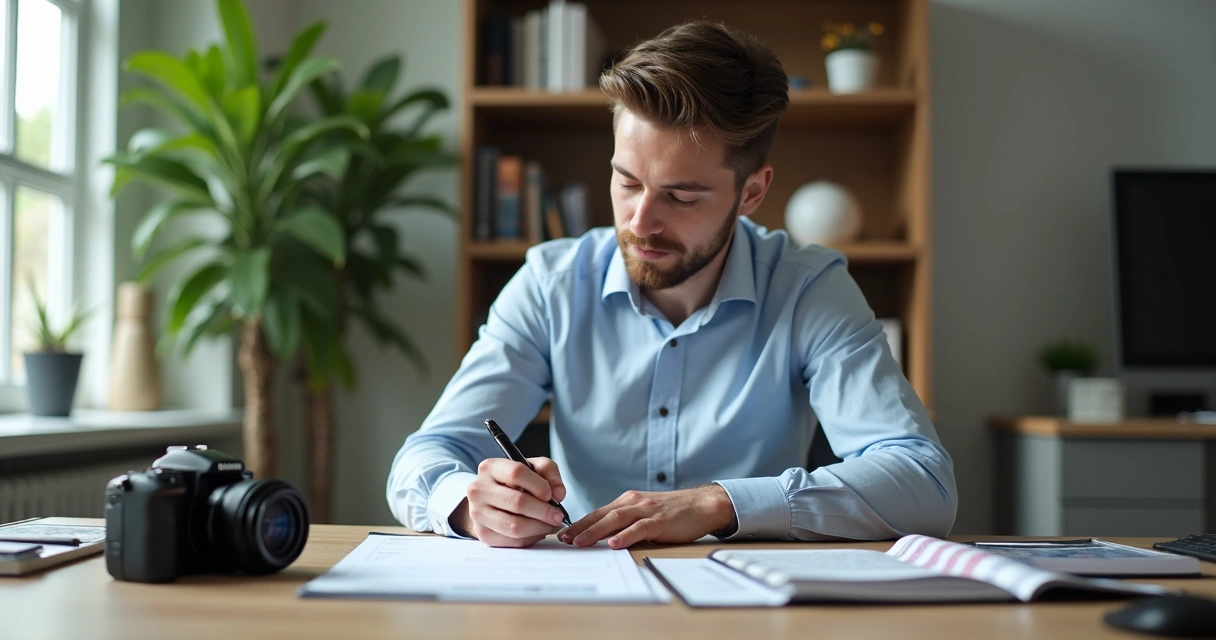 Fotógrafo assinando contrato em mesa de escritório, com câmera e agenda ao lado.