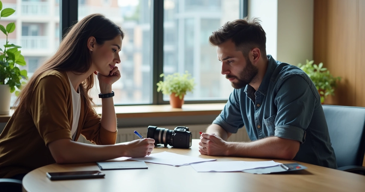 Fotógrafo e influenciador assinando contrato em mesa de escritório 