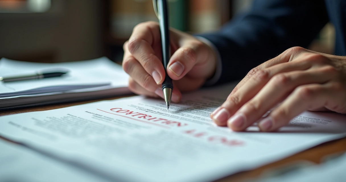 Mão assinando contrato suspeito com destaque em detalhes de letras pequenas 