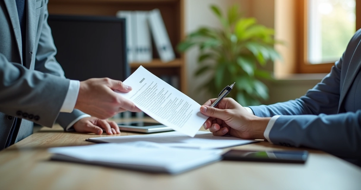 Duas pessoas assinando contrato de prestação de serviço, com mesa de trabalho ao fundo 