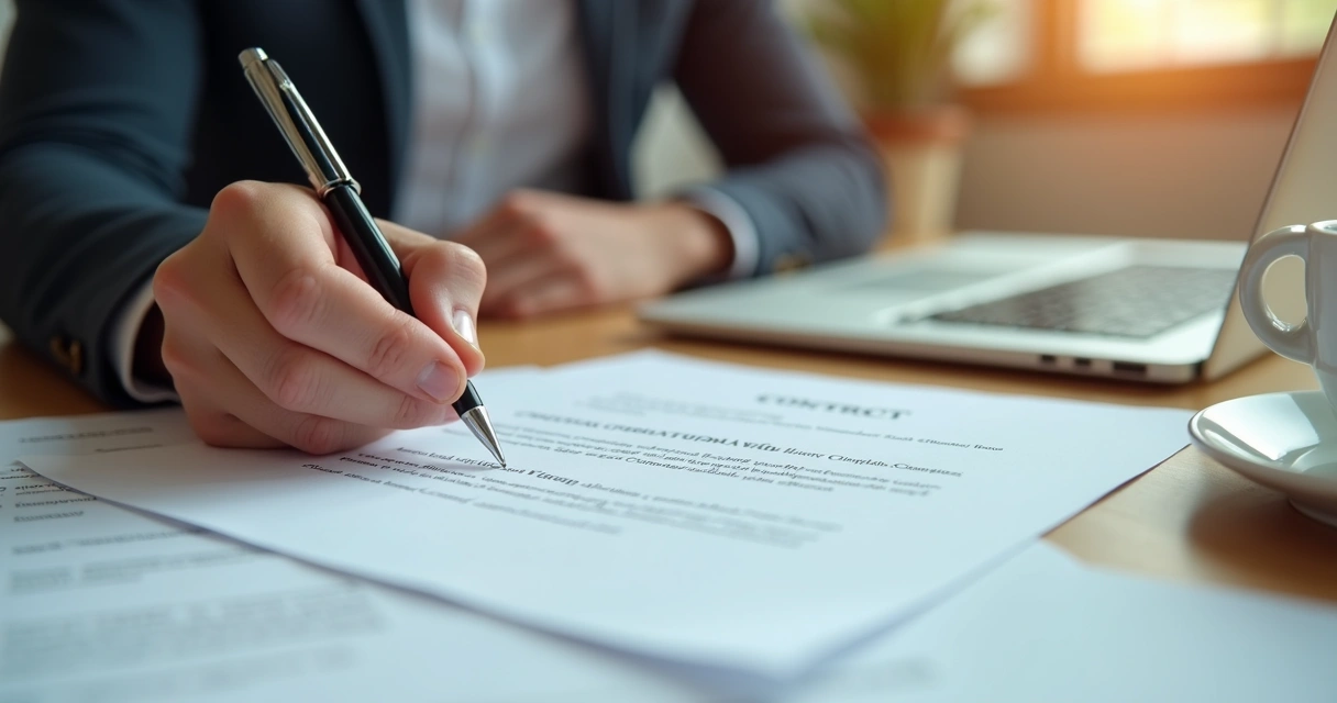 Pessoa assinando contrato de freelancer em mesa de trabalho