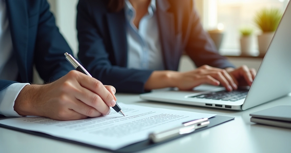 Duas pessoas sentadas à mesa analisando e assinando um contrato de prestação de serviços PJ, com laptop e papéis à vista. 