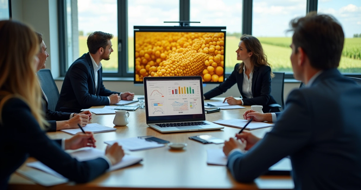 Mesa de negociação com gráficos de commodities agrícolas 