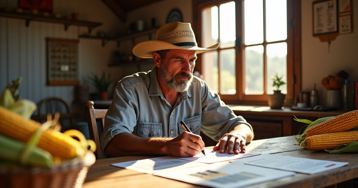 Produtor rural assinando contrato de milho com gráficos de preço 