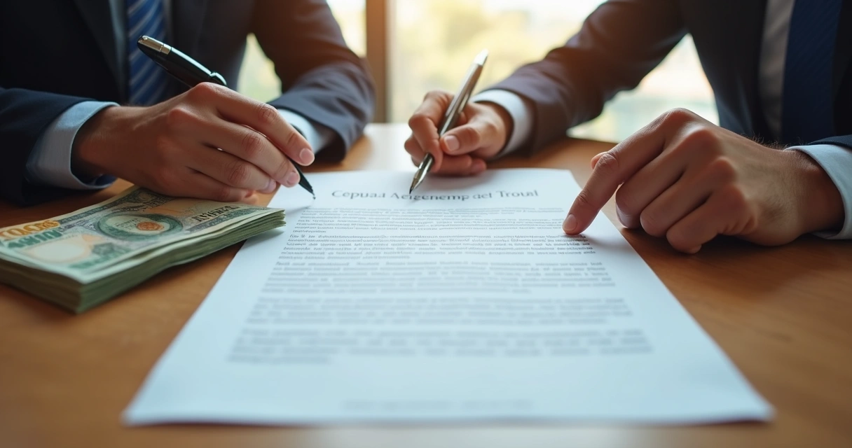 Duas pessoas analisando um contrato de aluguel com cédulas de dinheiro e um título de capitalização sobre a mesa 