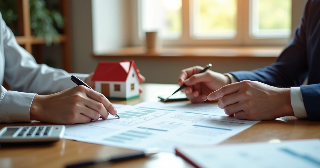 Mãos assinando contrato de empréstimo com garantia real sobre mesa com documentos e uma casa em miniatura 