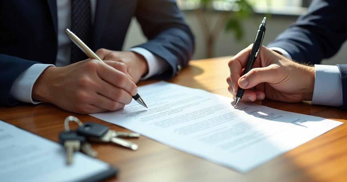 Duas pessoas assinando um contrato de gaveta numa mesa com documentos e chaves