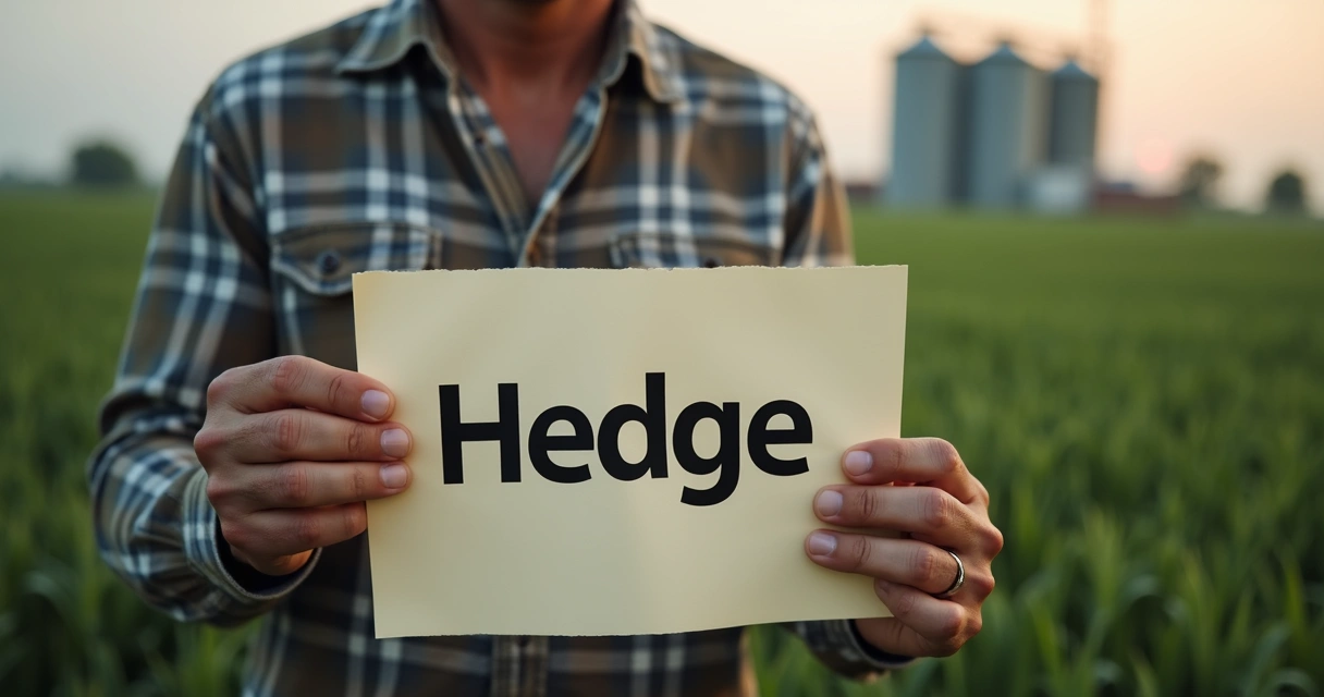 Homem segurando contrato de hedge de soja, silos no fundo 