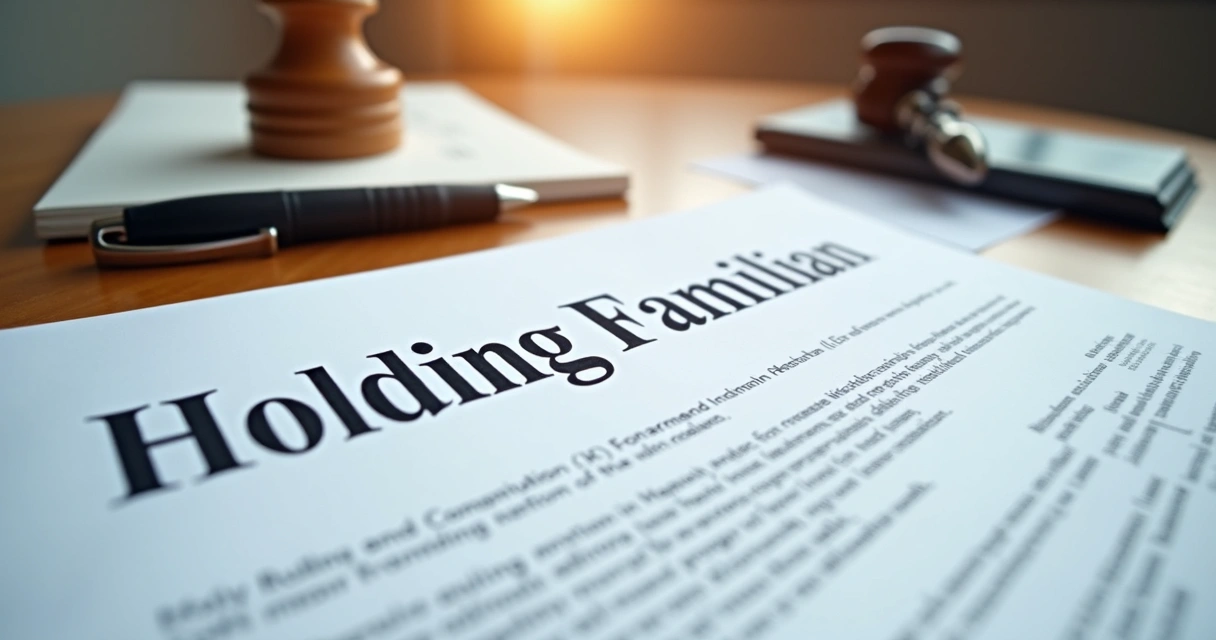 Mesa com contrato de holding, caneta e carimbo 