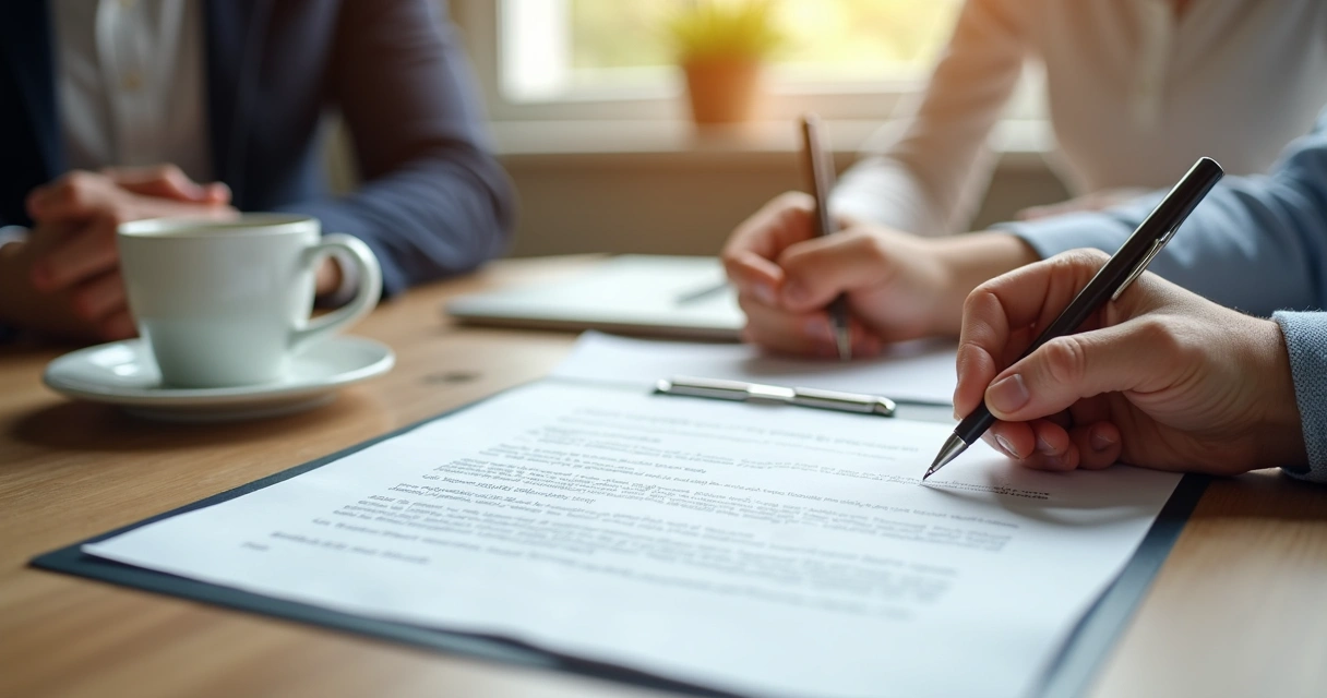 Contrato para holding familiar sobre mesa de madeira com mãos assinando 