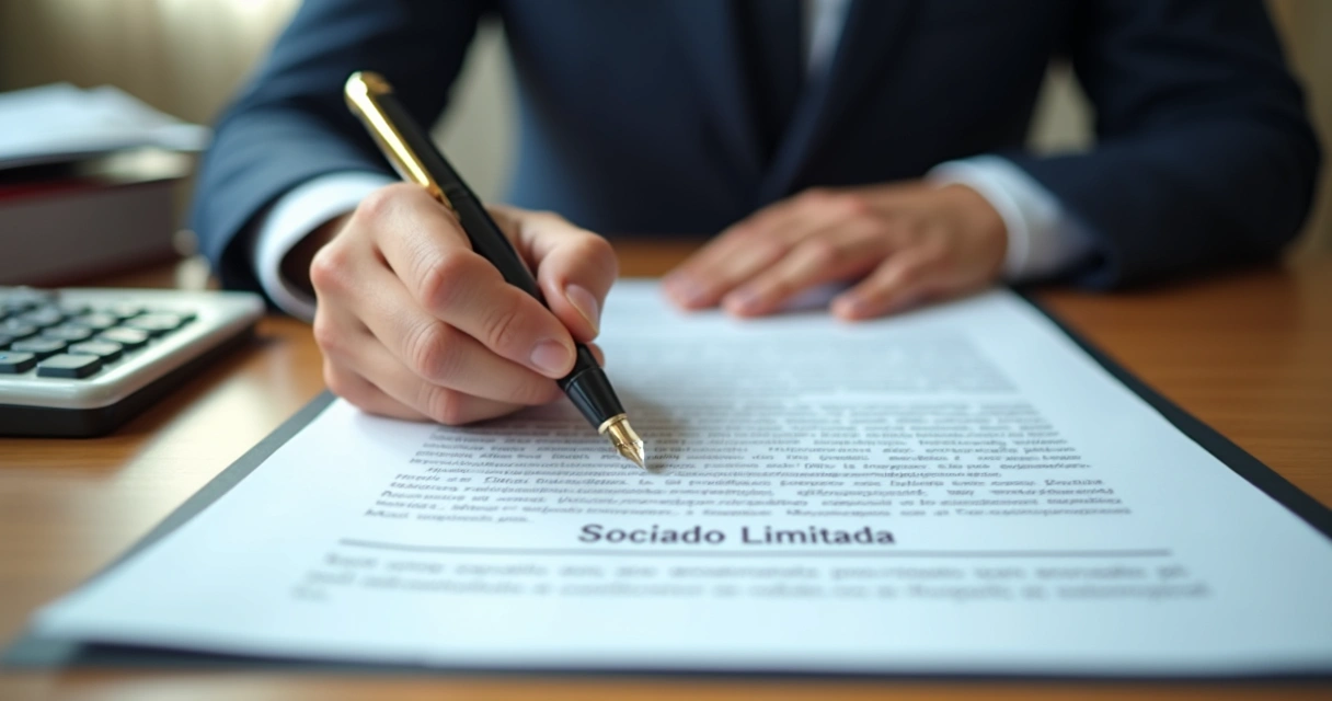 Contrato de holding sendo assinado com caneta 