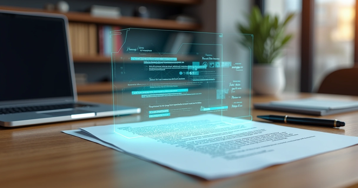 Contrato físico sobre mesa com projeções digitais destacando ajustes sugeridos por IA 