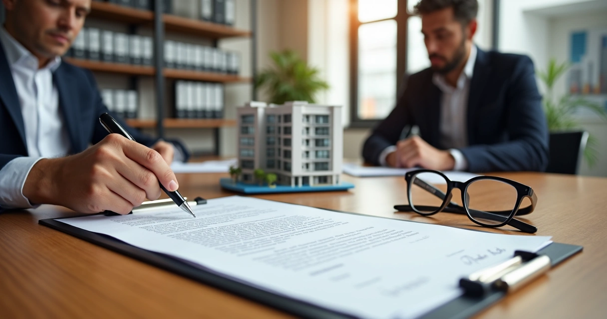 Corretor e cliente revisando contrato imobiliário em escritório moderno 