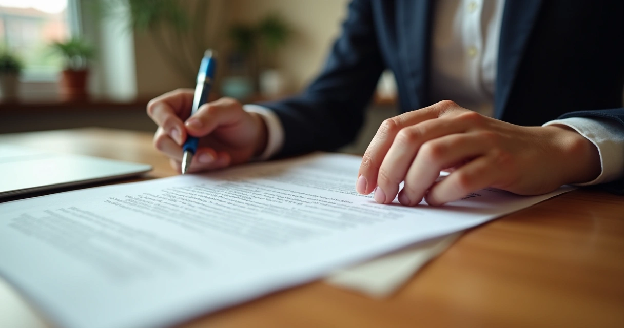 Pessoa analisando contrato imobiliário sobre uma mesa, com anotações e caneta 