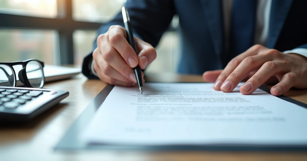 Pessoa analisando contrato imobiliário com caneta 