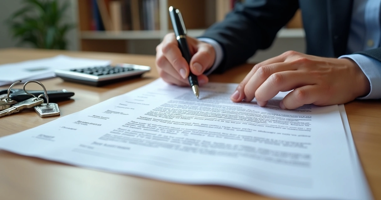 Contrato imobiliário sendo assinado em mesa com chaves e documentos 