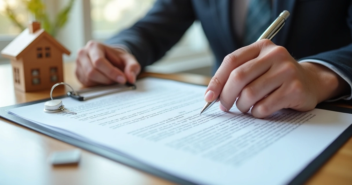 Contrato imobiliário sendo revisado com caneta e chaves ao lado