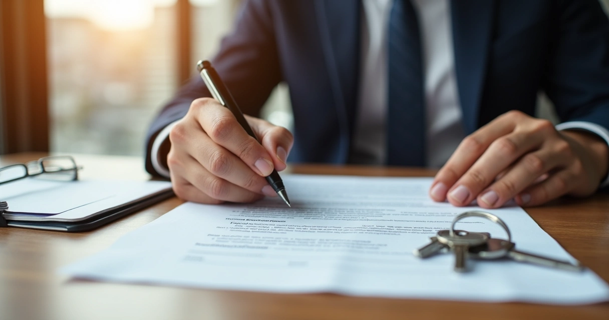 Pessoa assinando contrato imobiliário em uma mesa com documentos 