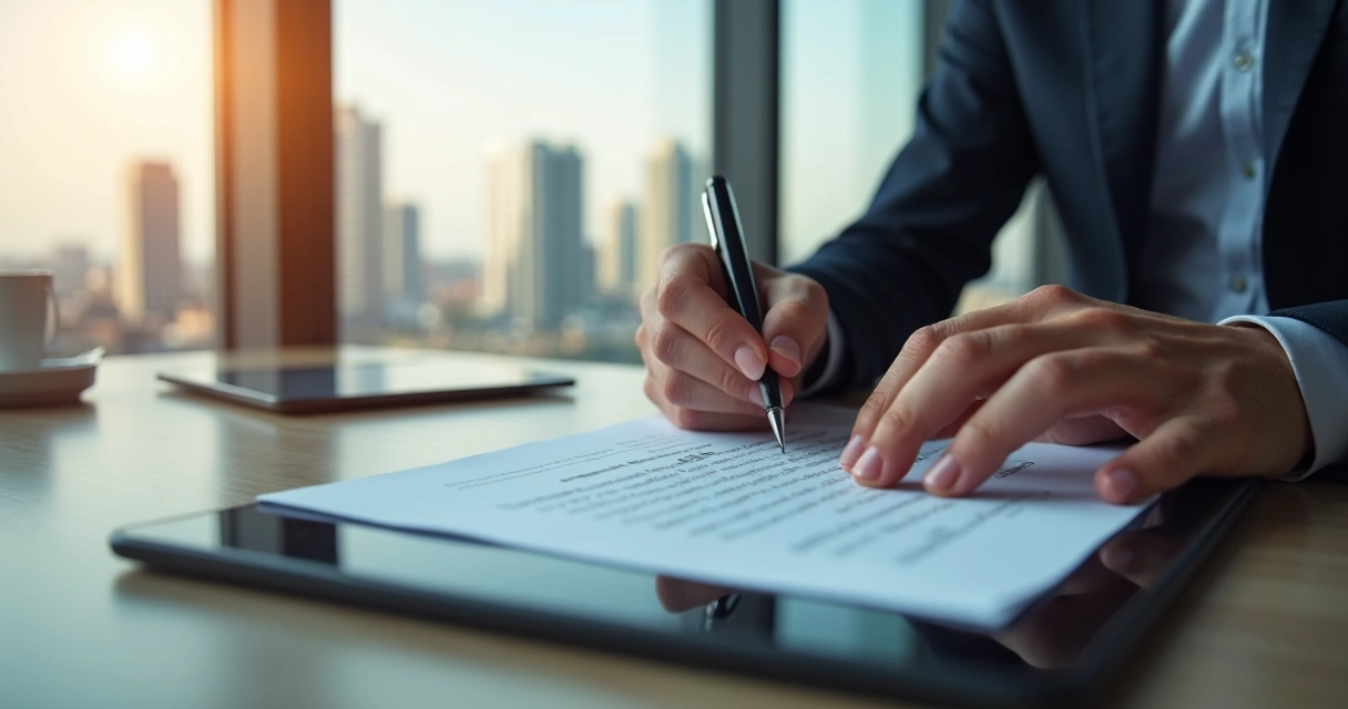 Pessoa assinando contrato imobiliário em ambiente digital 