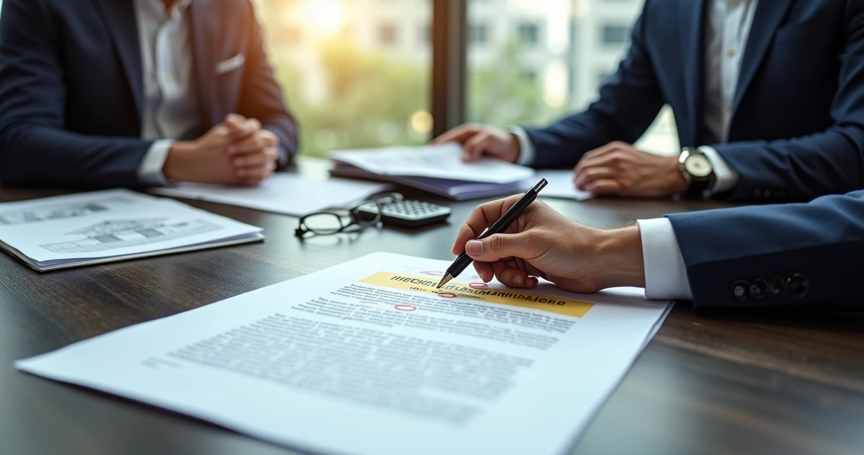 Advogado aponta cláusula de prazo em contrato imobiliário sobre mesa de reunião 