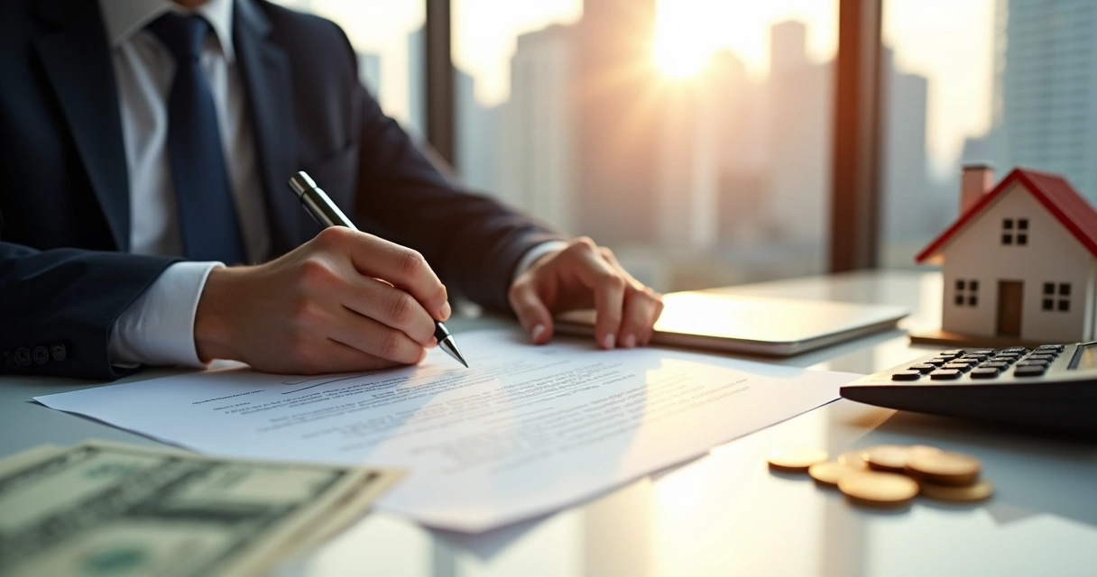 Pessoa assinando contrato imobiliário com calculadora e miniatura de casa 