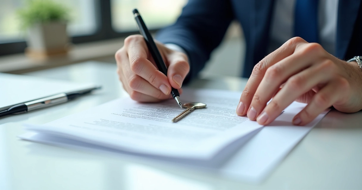 Mãos assinando contrato imobiliário ao lado de chave de apartamento. 
