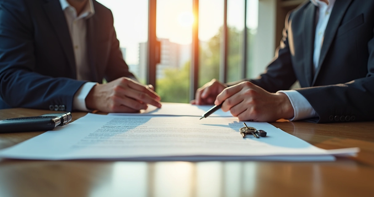 Advogado e cliente analisam contrato de compra de imóvel na planta e cláusulas de distrato
