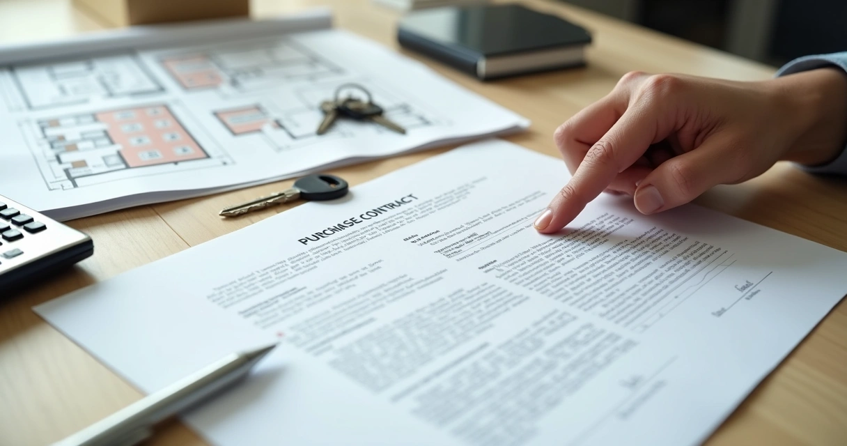 Contrato de compra de imóvel na planta sobre mesa com plantas e calculadora