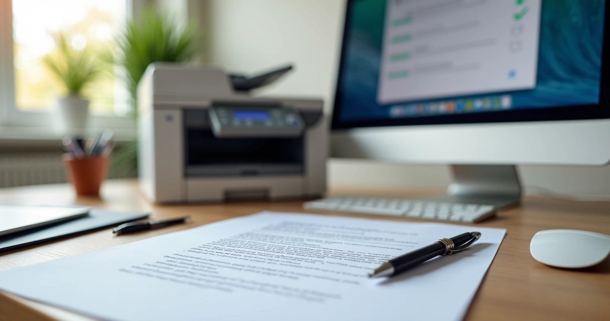 Contrato de locação de impressora assinado sobre uma mesa de escritório