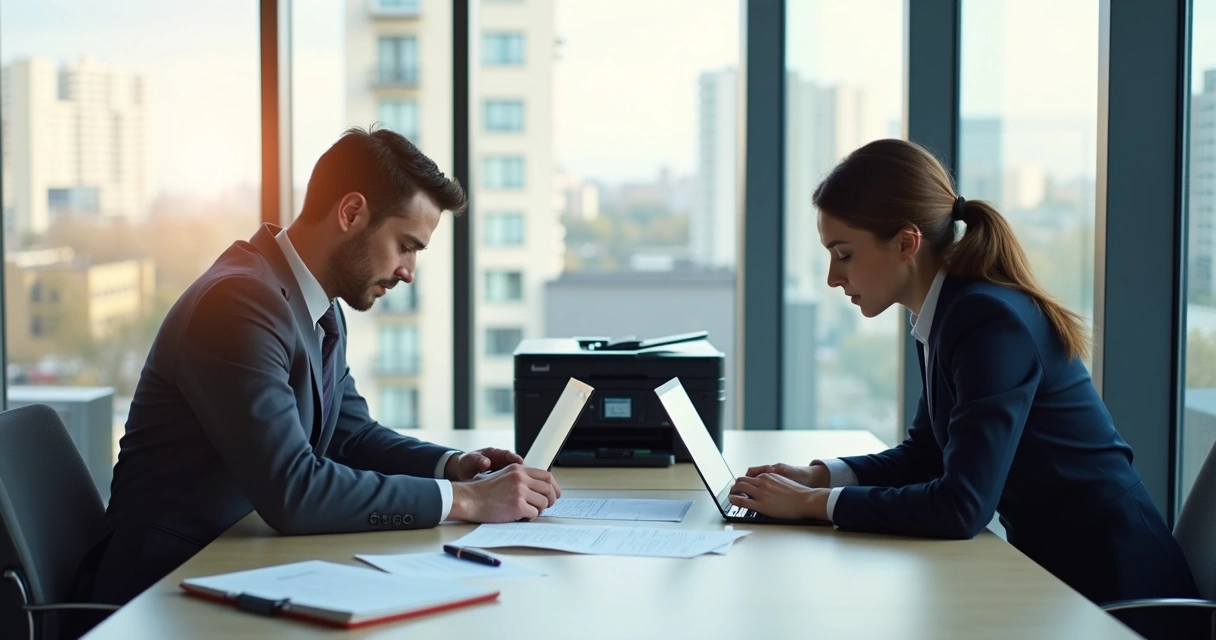 Duas pessoas analisando documentos de contrato sobre uma mesa com notebooks e uma impressora ao fundo 