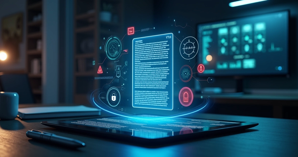 Contrato digital brilhante cercado por códigos de IA e ícones de alerta de risco 