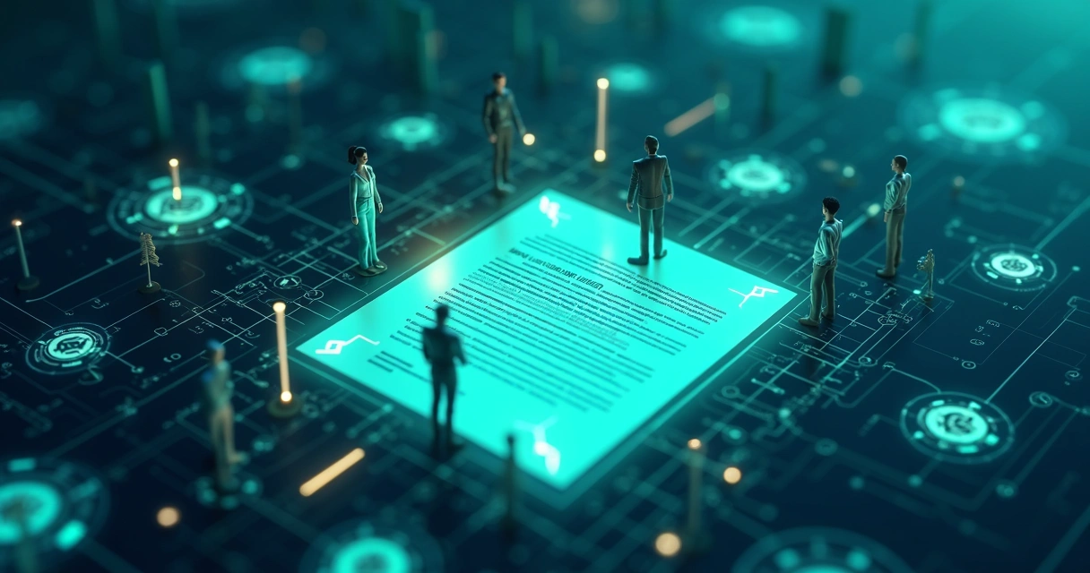 Representação de um contrato inteligente sendo executado digitalmente 