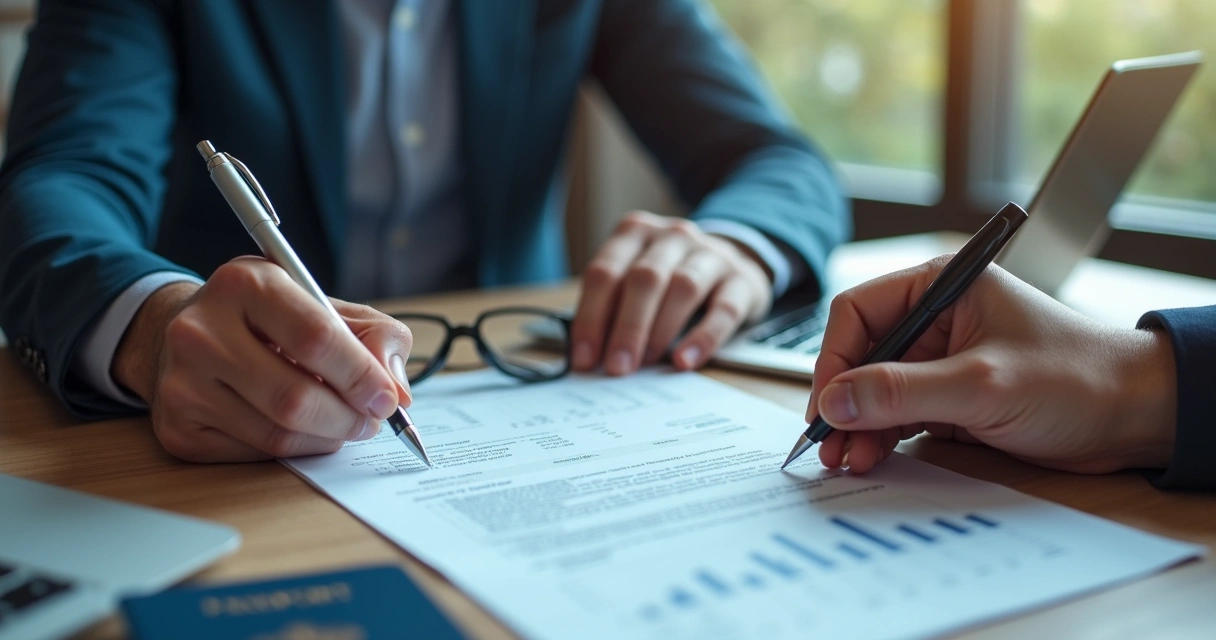 Assinatura de contrato internacional com documentos e laptop 