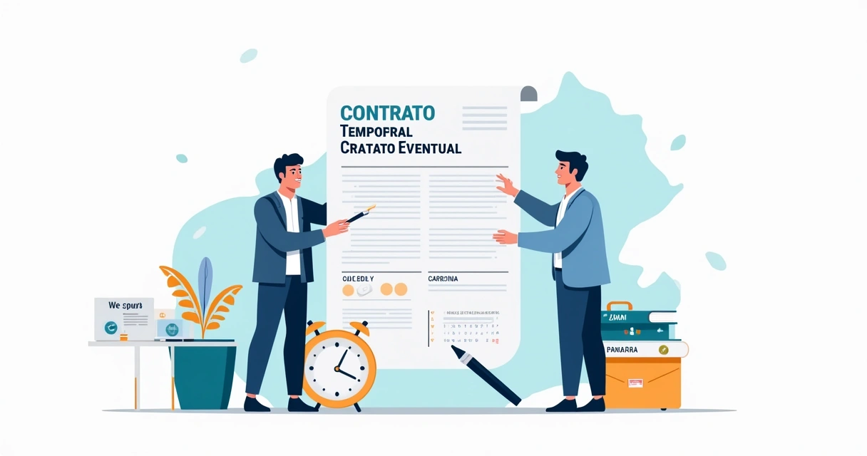 Ilustración de empleador y trabajador firmando contrato laboral temporal sobre un calendario gigante 