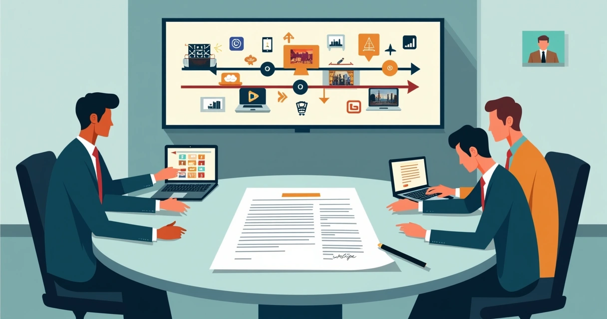 Mesa com contrato de licenciamento de filmes clássicos ao lado de ícones de streaming 