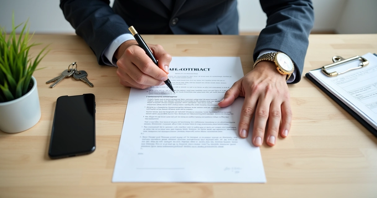 Mão masculina assinando contrato de locação sobre mesa de madeira clara.