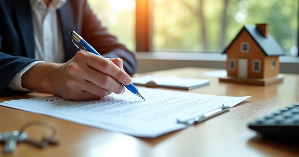 Pessoa assinando contrato em cima de mesa com caneta azul 