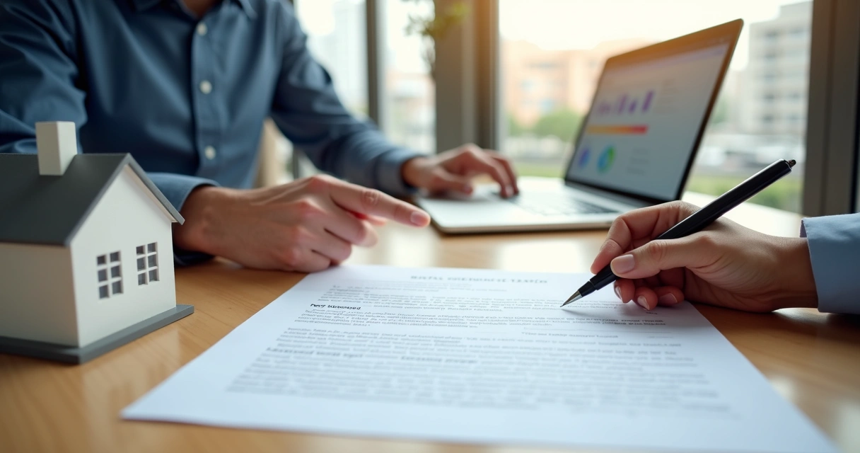 Proprietário e inquilino assinando contrato de locação em mesa com miniatura de casa 