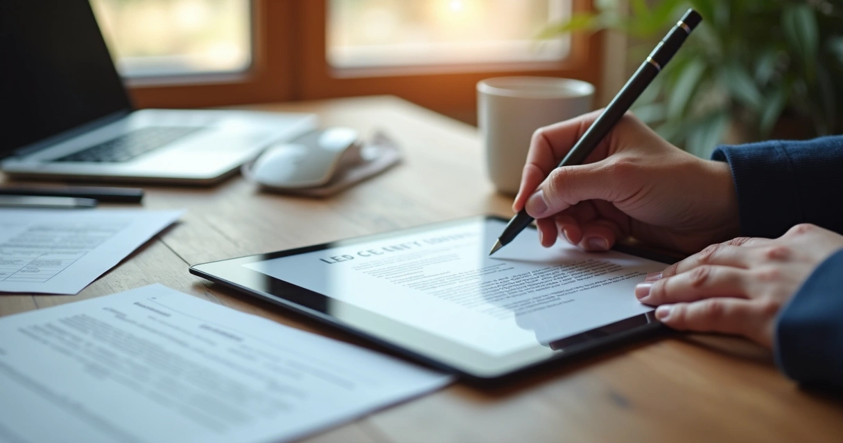 Pessoa assinando contrato digital em tablet com caneta stylus, mesa organizada com documentos, café e laptop 
