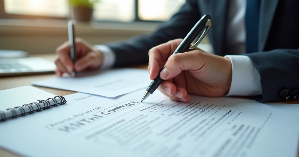 Mãos assinando digitalmente contrato de locação de imóvel sobre mesa com documentos e caneta 