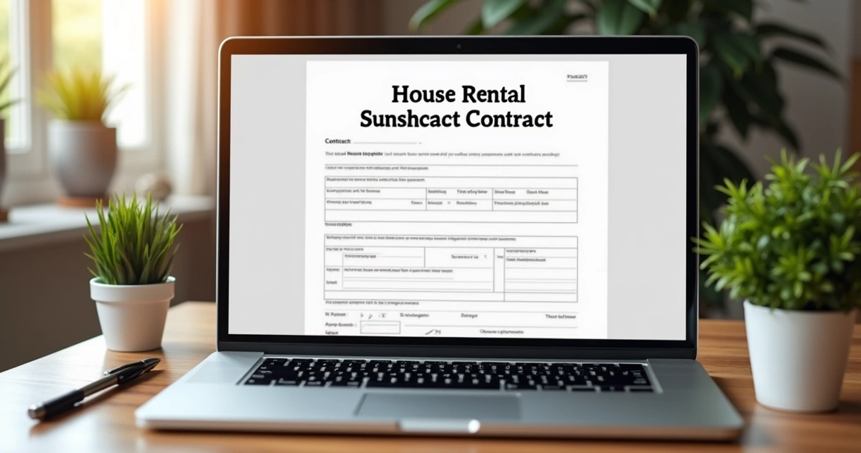 Contrato de locação de casa com assinatura digital em laptop sobre mesa de madeira com caneta e plantas na decoração 