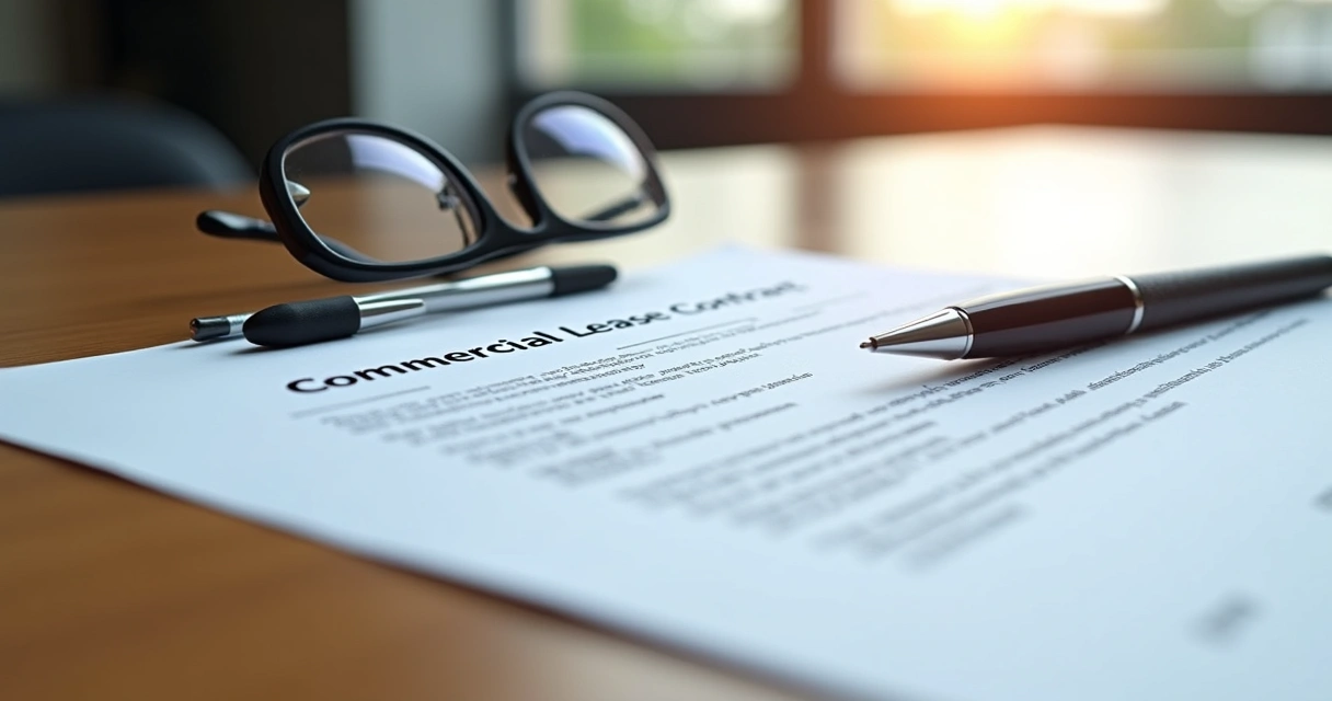 Documento de contrato de locação comercial assinado sobre mesa de madeira com caneta e óculos ao lado 