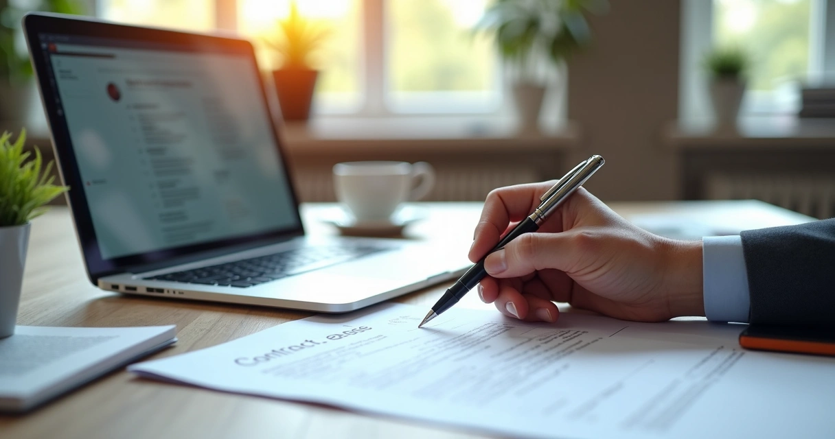 Contrato de locação comercial assinado digitalmente com laptop e caneta sobre mesa de escritório 