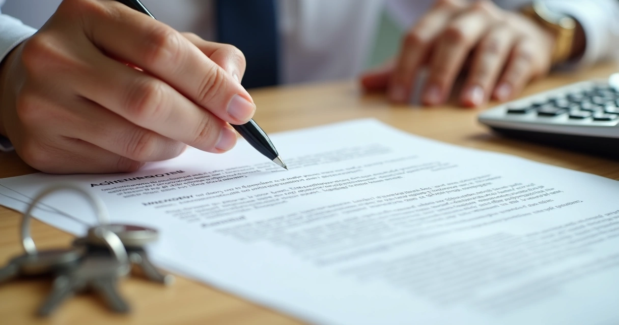 Pessoa apontando para contrato de aluguel sobre uma mesa clara. 