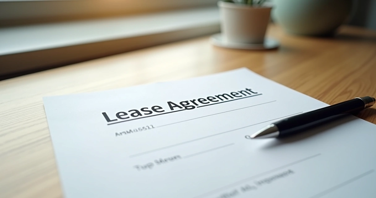 Documento de contrato de locação sobre uma mesa de madeira com caneta ao lado 