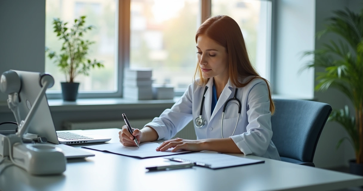 Médica sentada lendo contrato de locação em consultório com mobília moderna 