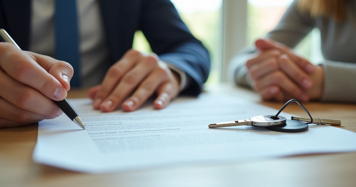 Duas mãos assinando um contrato de aluguel de imóvel sobre mesa 